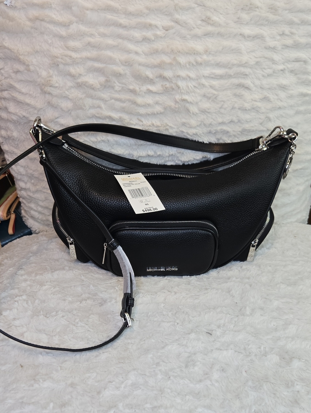 Michael Kors Black Pebbled Leather Shoulder Hobo with Front And Side Pockets NWT